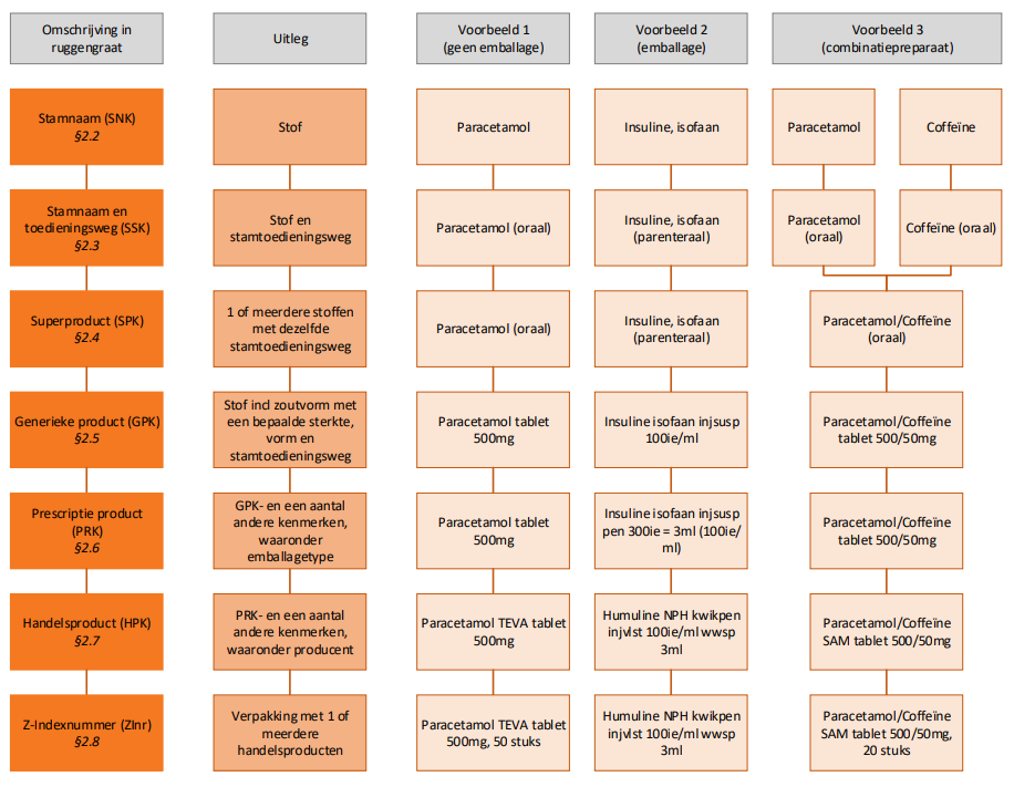 Tabel met visuele weergave van de hiërarchische niveaus van de Ruggengraat, inclusief voorbeelden.