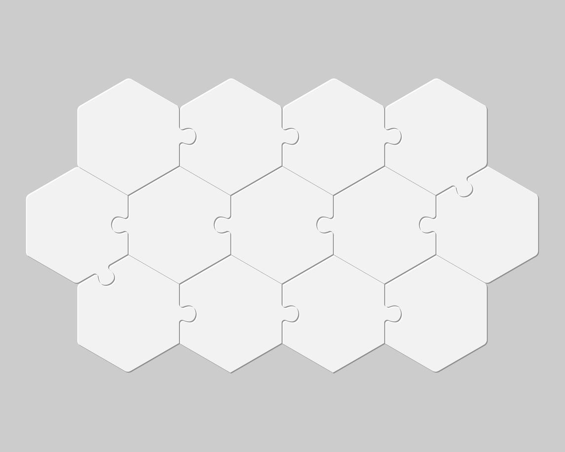 Grijs vlak met witte hexagons die als puzzelstukken in elkaar grijpen