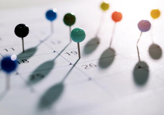 Kalender met spelden geprikt op bepaalde data
